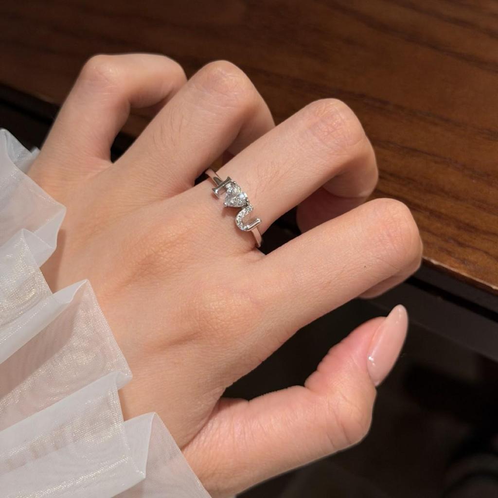S925 Sterling Silver Heart Letter Adjustable Women's Ring