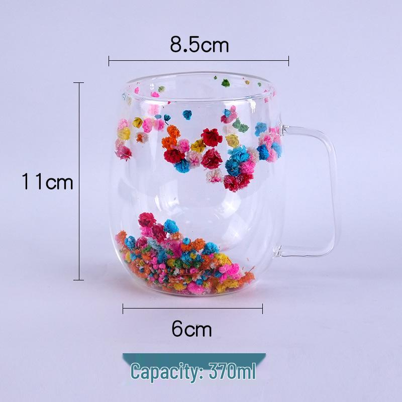 Luxury Double-Layer Glass Cup with Real Flowers and Quicksand Design