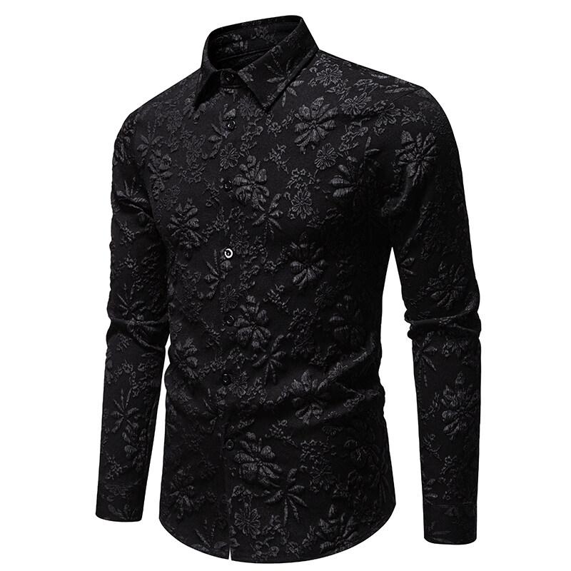 New Fashion Design Men's Flower Long Sleeve Shirt Spring Autumn Casual Solid Business Office Shirts Male Party Nightclub Shirt