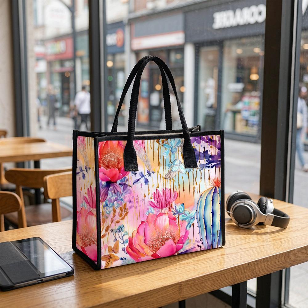 Watercolor Floral Cactus Printed Large Tote Bag Casual Daily Use Reusable Shopping Shoulder Bag