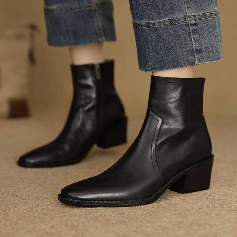 New Women's Leather Knight Boots Versatile Medium Heel Large Size Women's Boots Square Heel Pointed Rubber Soft Sole Cowhide Medium Boots
