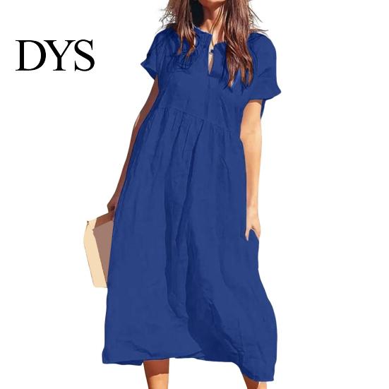 Casual Chic Women Dress Women's Cotton Linen Maxi Short Sleeve V-Neck Lightweight Summer For Sundress Loose Beach Pleated Long for Vacation