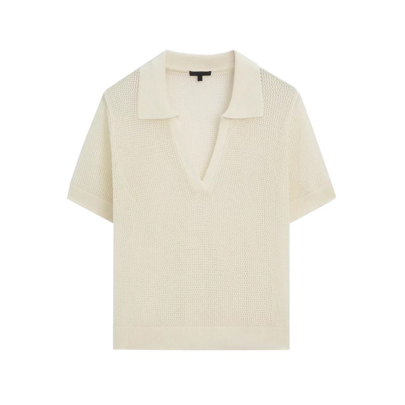 MD Spring New French Style Casual Commute Style Lightweight Breathable Mesh Short Sleeve Polo Collar T-shirt 6218583