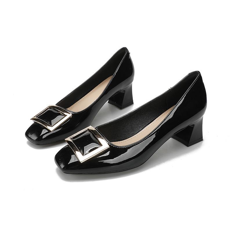 

Square head high heels thick heel 2025 new patent leather burgundy middle heel single shoes square buckle light mouth gentle four seasons shoes 35 чёрный
