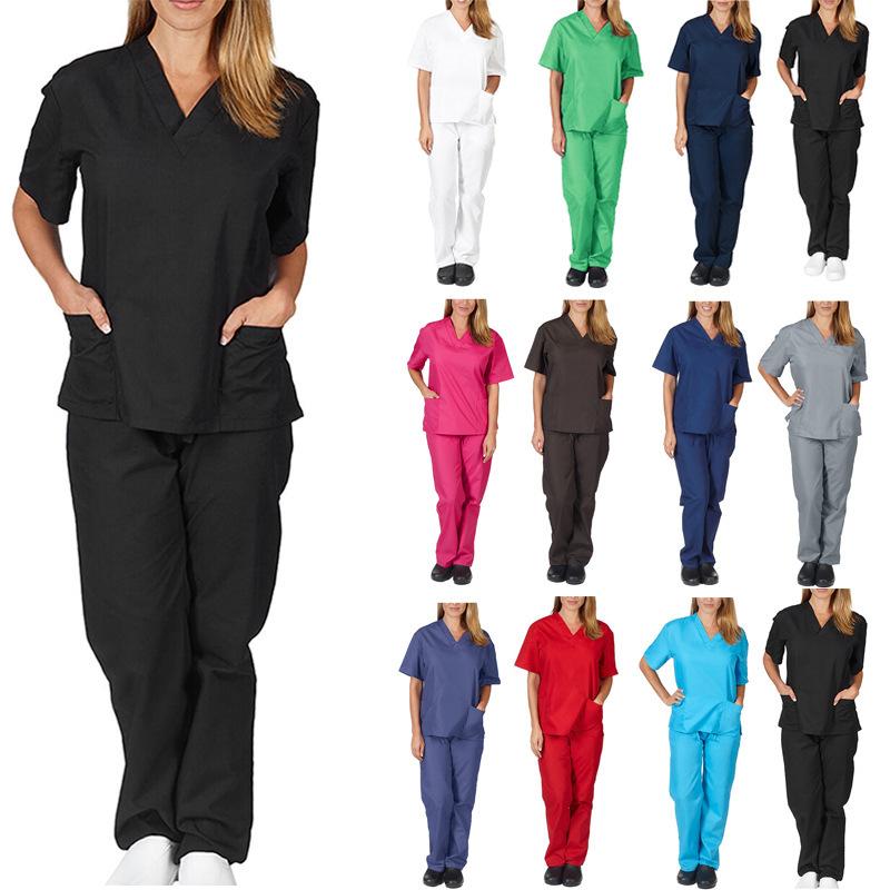 

Solid Pocket V-neck Nursing Uniform Nurse Uniform Two-piece Suit Women S білий