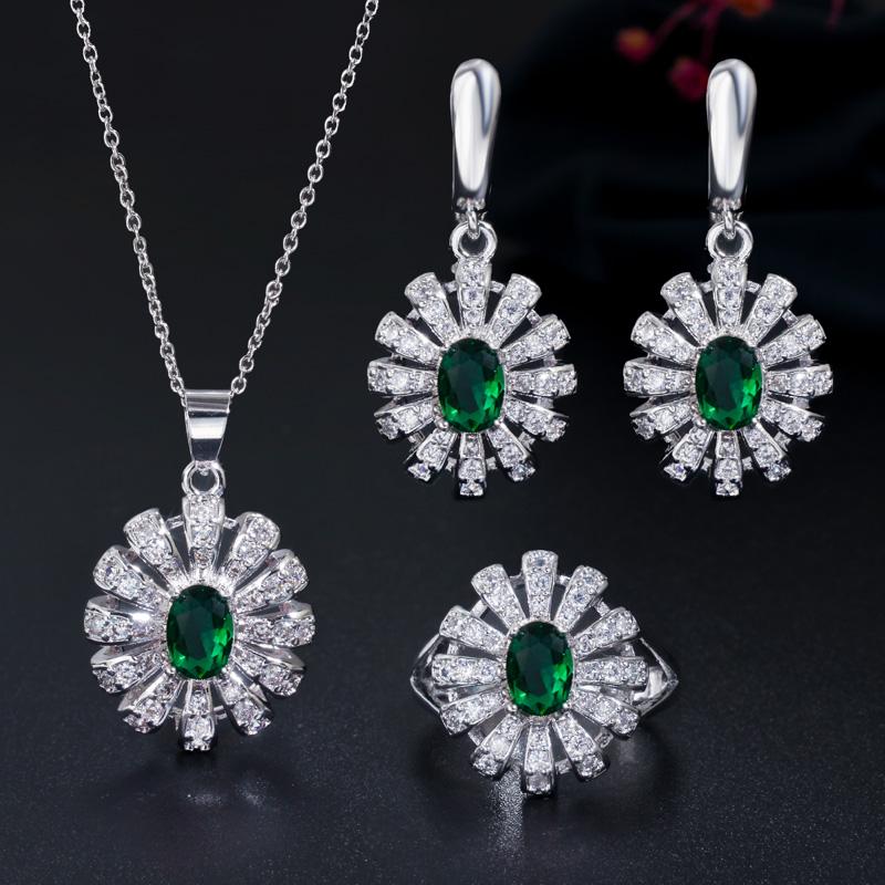 WWJ Korean Design Cubic Zircon Sun Flower Ring Earrings Pendant Necklace 3pcs Set