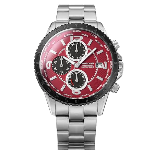 AngelClover Men s Watch, MONDO SOLAR NMOS44SBRE, Solar Battery, 100m Water Resistance, Mineral Glass, Red Dial, Stainless Steel