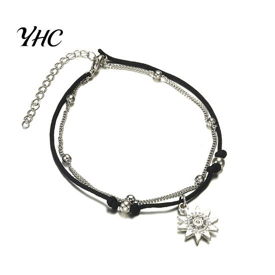 Women Anklets Sun Pendant Bohemian style Double Chains Foot Chain Beads Decor Alloy Ankle for Daily Wear Lady серебряный