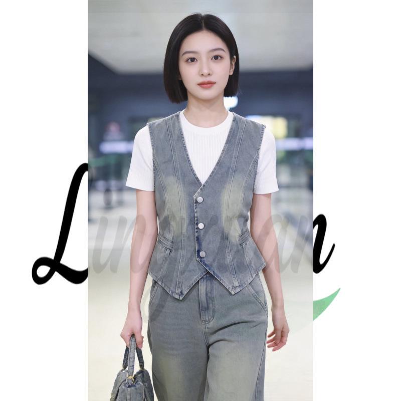 

Vintage Wash Slimming Denim V-Neck Vest for Women Small синий