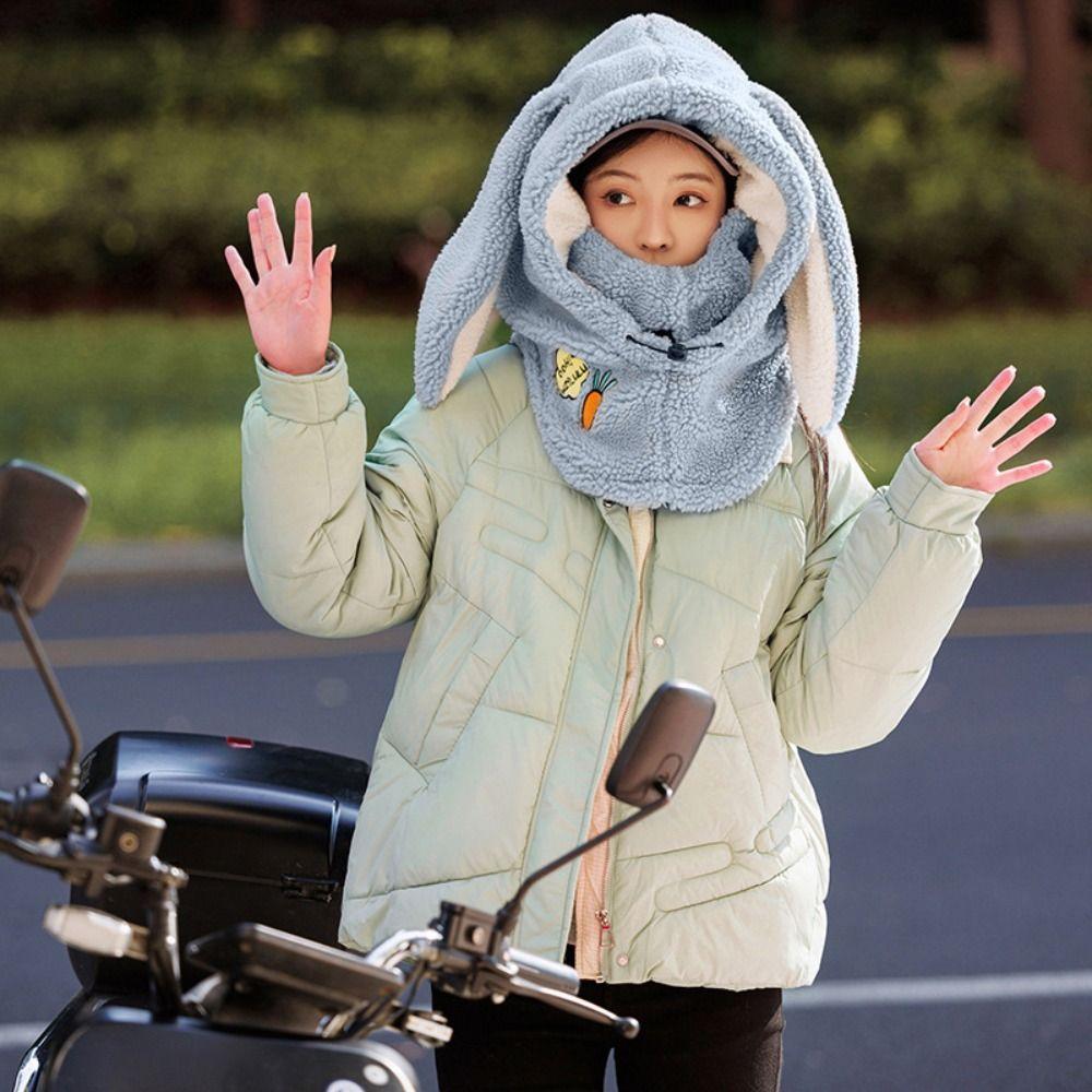 Drawstring Masks Hood Beanies Cartoon Fleece Pullover Cap Rabbit Ear Balaclava Hat  Girls