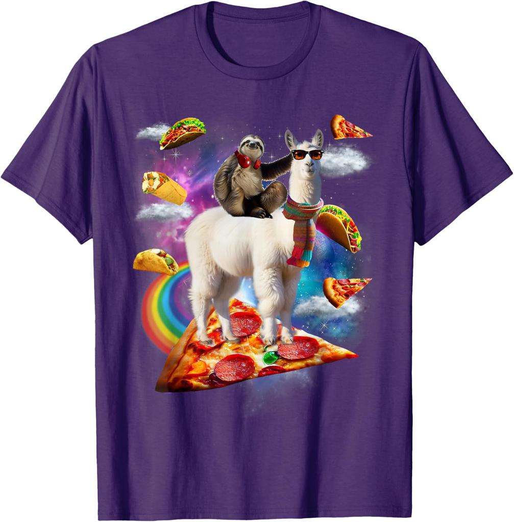 Bradipo che cavalca un lama nella Galassia della Pizza Taco Maglietta Grafica Divertente Casual Unisex Maglietta da Viaggio