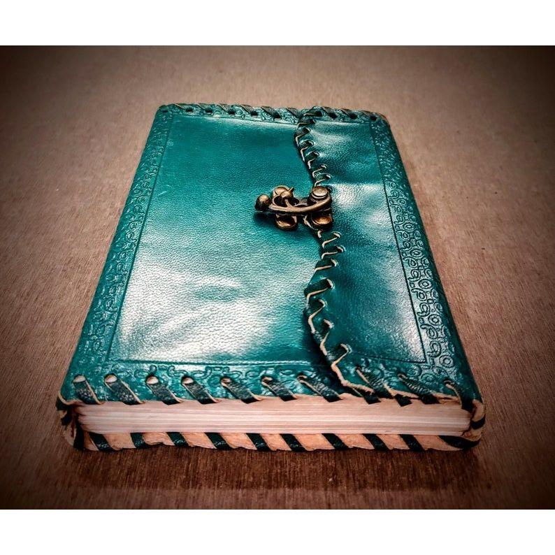 Green Colored Handcrafted Vintage Leather Bound Journal with Lock - Unlined Handmade Recycled Refillable Pages - Leather Gift for Him Her
