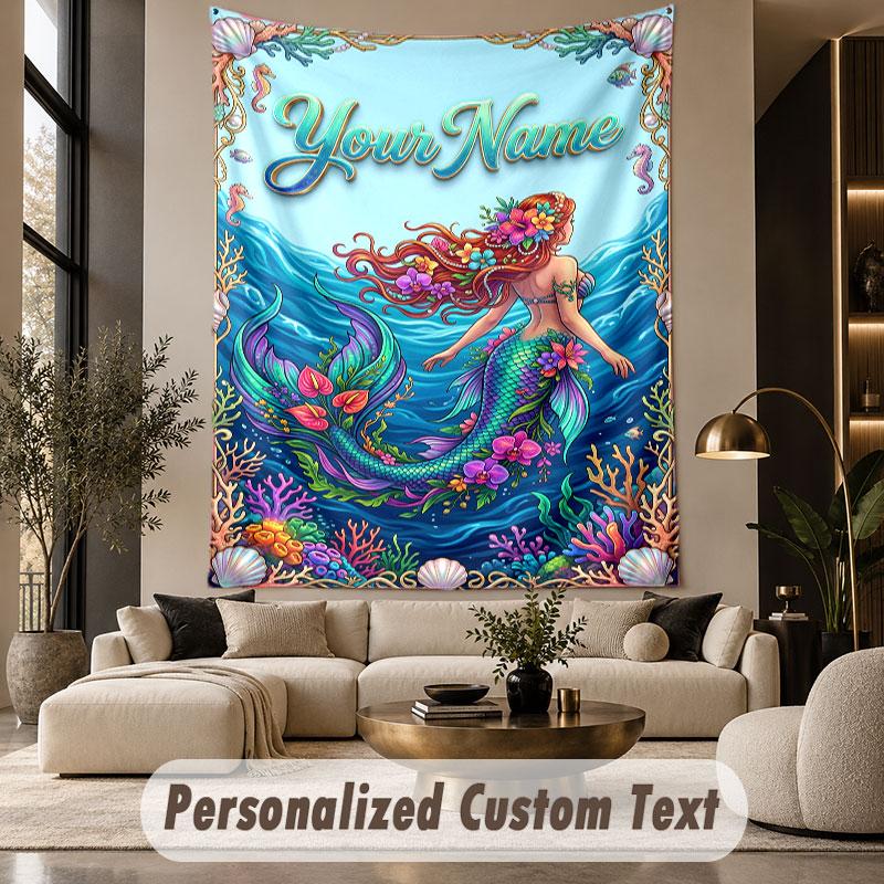 Ocean Mermaid (72) Theme Personalized Tapestry Custom Name Text Wall Hanging Tapestry Home Background Decoration