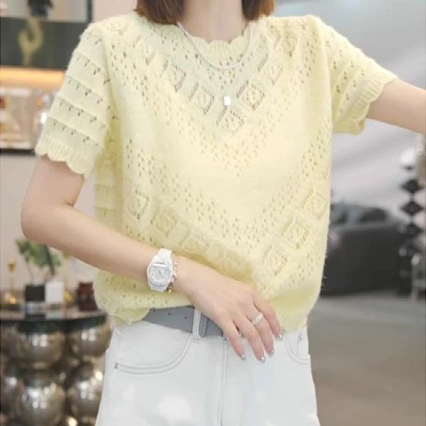 Spring Summer Hook and Flower Hollow Short Sleeved Knitted Sweater T-shirt for Women Round Neck Thin Loose Top