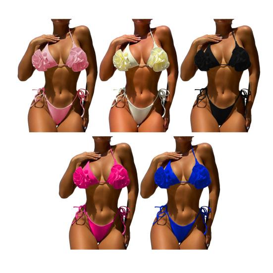 2Pcs/Set Women Bikini Set High Slit Swimming Trunks Adjustable Halter Strap 3D Hand-Sewn Flowers Bikini Bra Set Vacation Party Swimwear