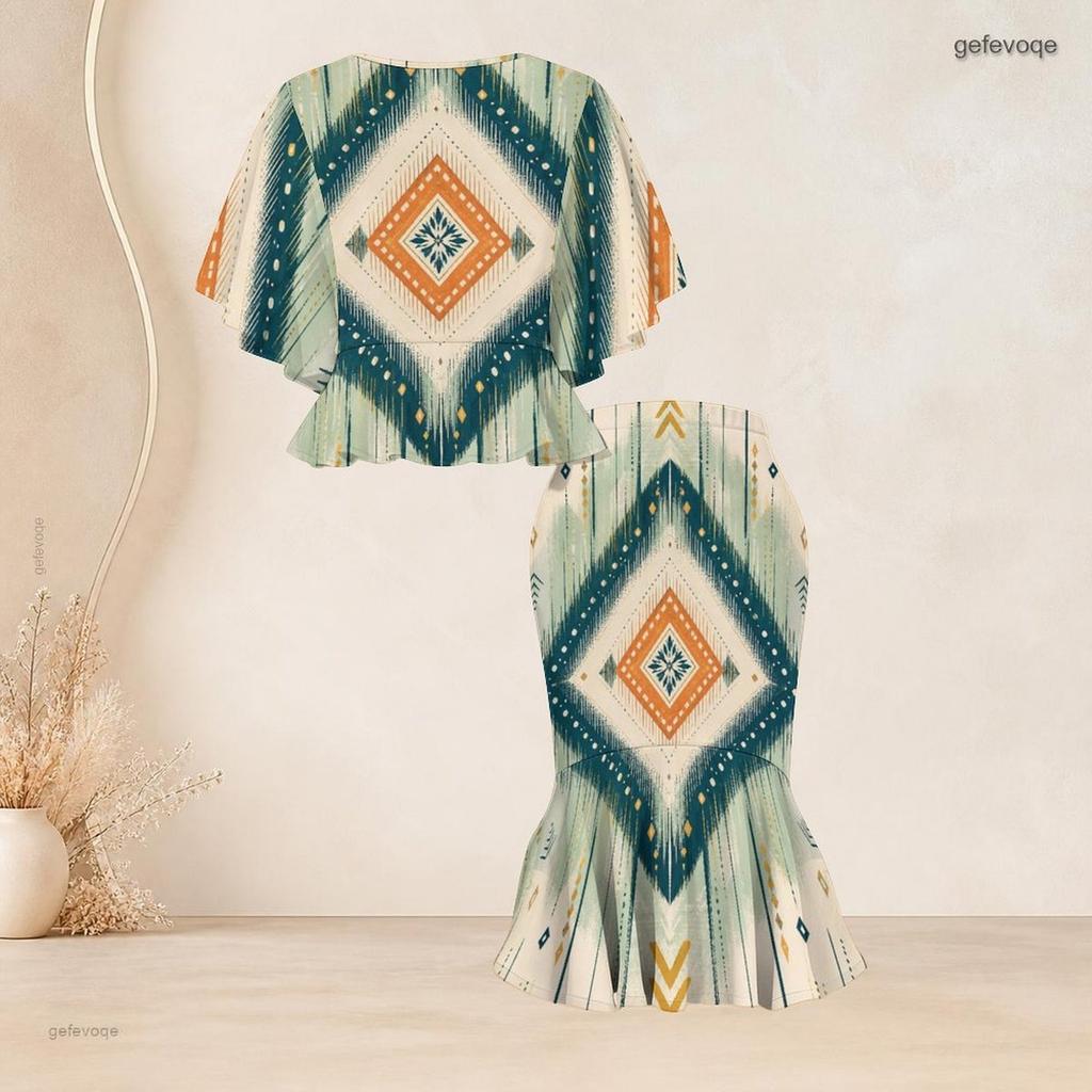 Women Plus Size Round Neck Printed Batwing Sleeve Ruffle Hem Top Fishtail Skirt Two Piece Set