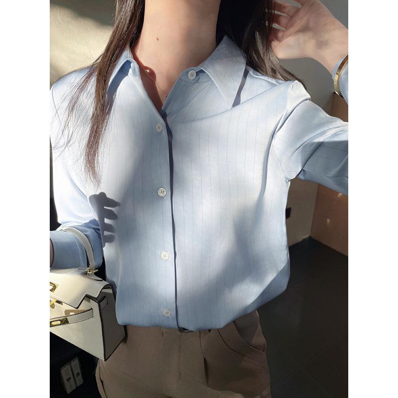 2025 Spring Blue Striped Satin Straight Shoulder Women's Work Blouse