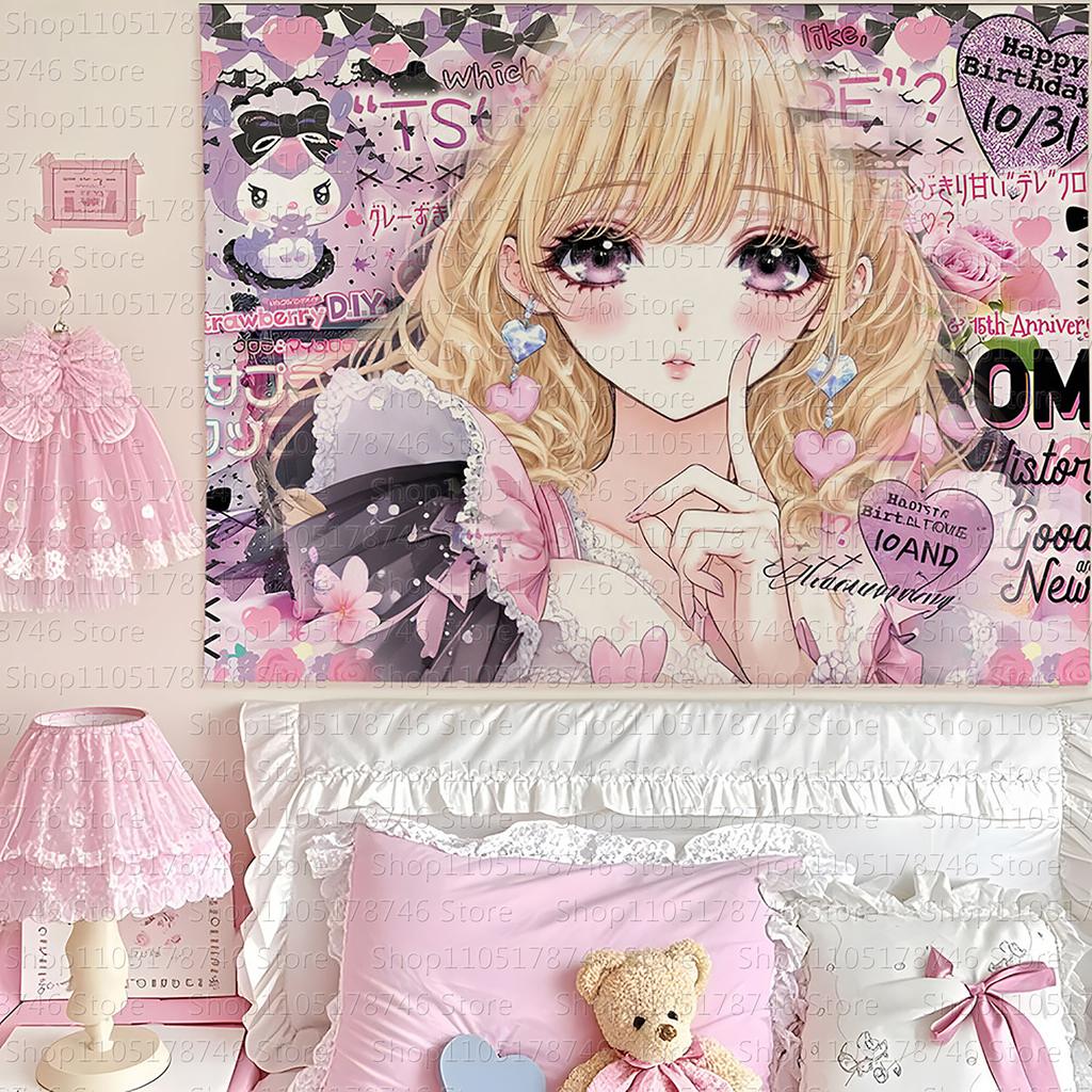 Japanese vintage style cute girlthemed wall hanging Ins background cloth student bedroom bedside decoration tapestry