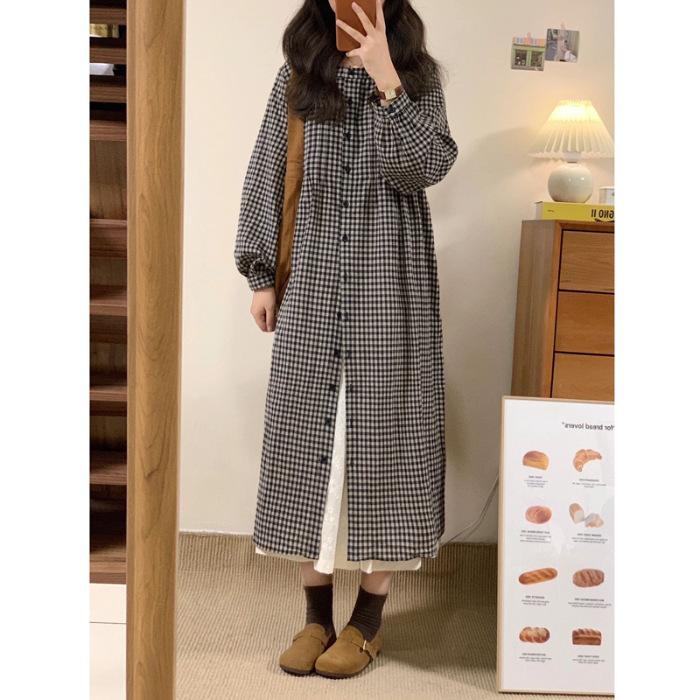 

[Original Fabric] Plaid Long Sleeve Shirt Skirt Women s Autumn Stack Wear Lazy Wind Small Student Temperament Dress S