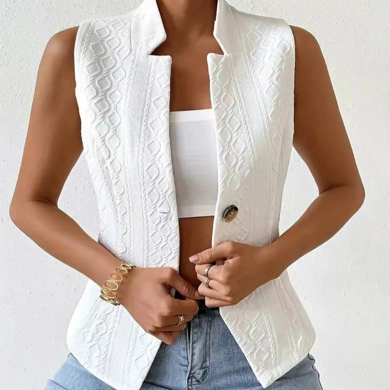 Women's Elegant V-Neck Sleeveless Blazer Vest Solid White Textured Button-Down Slim Fit Waistcoat Top