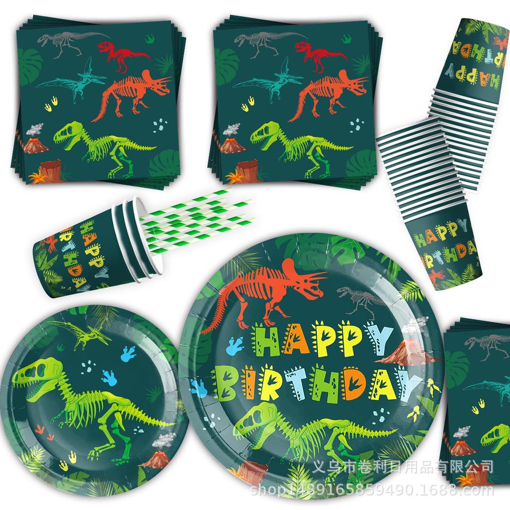 Dinosaur Themed Party Supplies Birthday Decorations Disposable Tableware Banners Flag Paper Plates Paper Towels