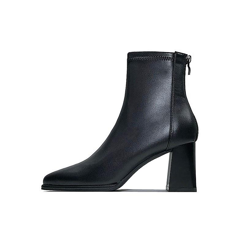 Versatile Short Boots! Skinny Boots Thick Heel Women's Autumn and Winter Velvet Square Head High Heel Cowhide Bare Boots 7cm Small Man Looks Tall