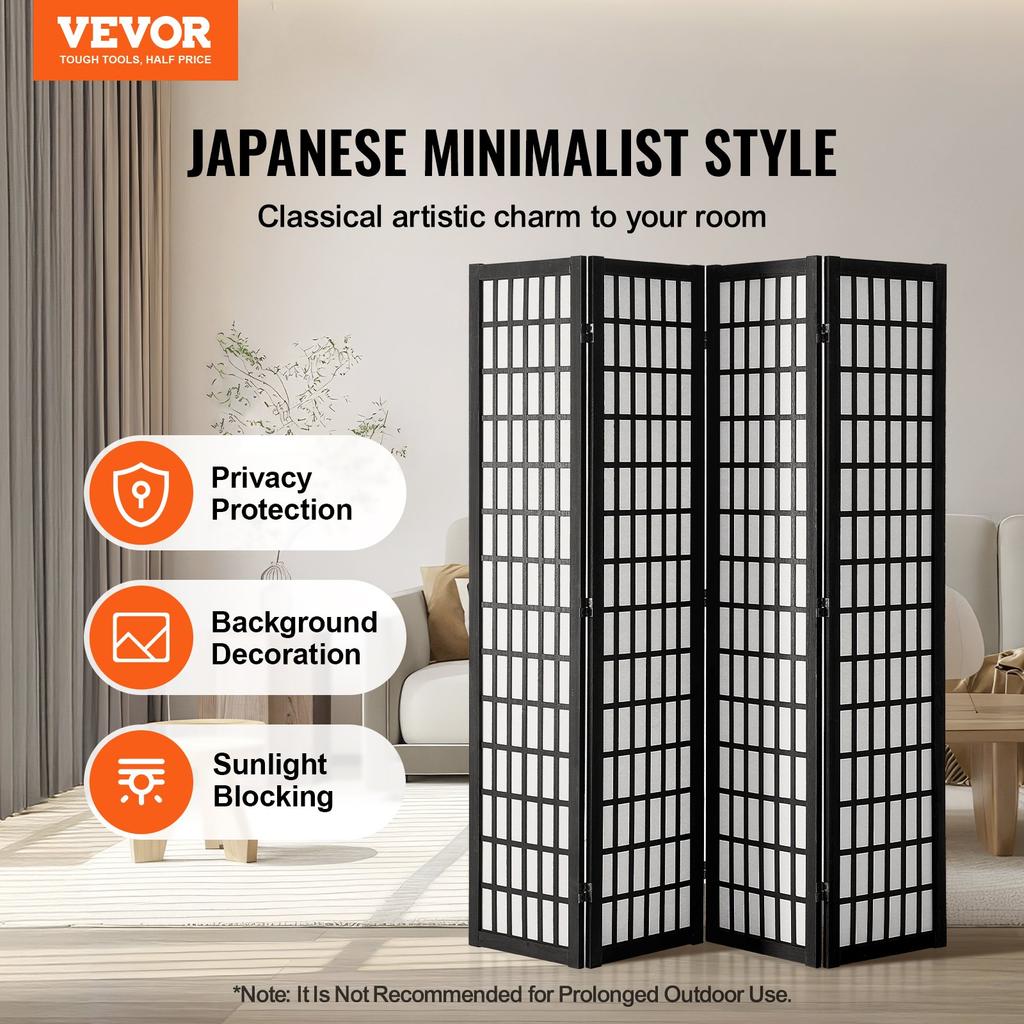 VEVOR Room Divider, 4 Panel Japanese Room Divider, Wood Folding Privacy Screen Indoor, Japanese Partition Dividers Portable Decoration Screens