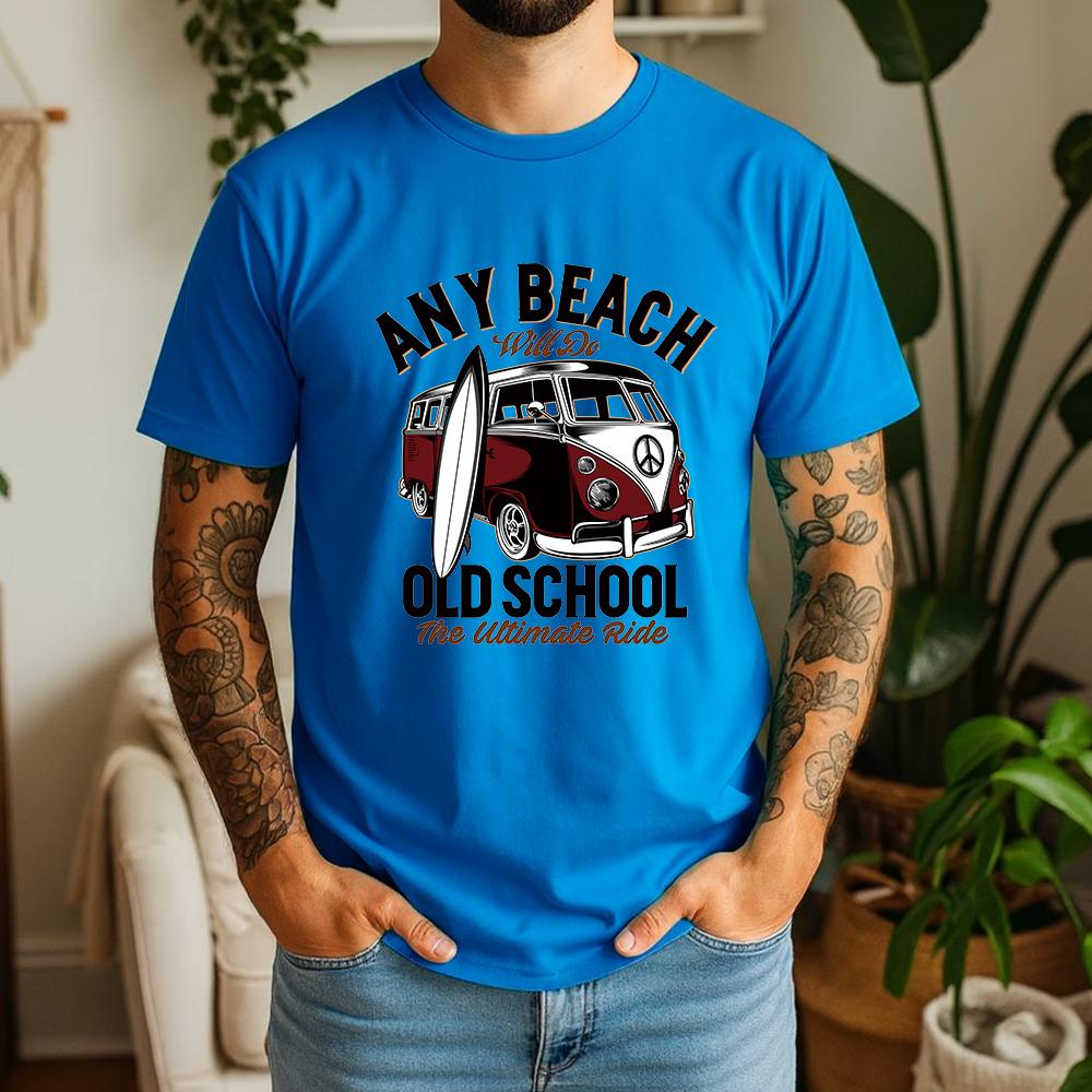 Vintage Old School Surf Bus Surfboard Print Unisexs T Shirt Loose Short Sleeve Crew Neck Beach Vacation Casual Tees