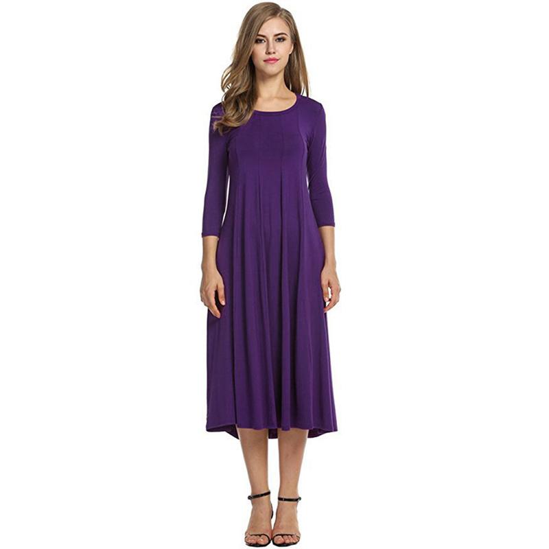 Sommerkleid für Damen, modisch, Rundhalsausschnitt, mittlere Ärmel, einfarbig, plissiert, lange Kleider