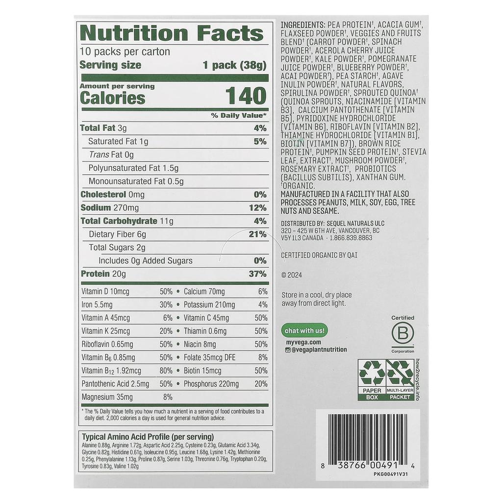 Plant-Based, Organic All-in-One Shake, French Vanilla, 10 Packets, 38G (1.4Oz) Each