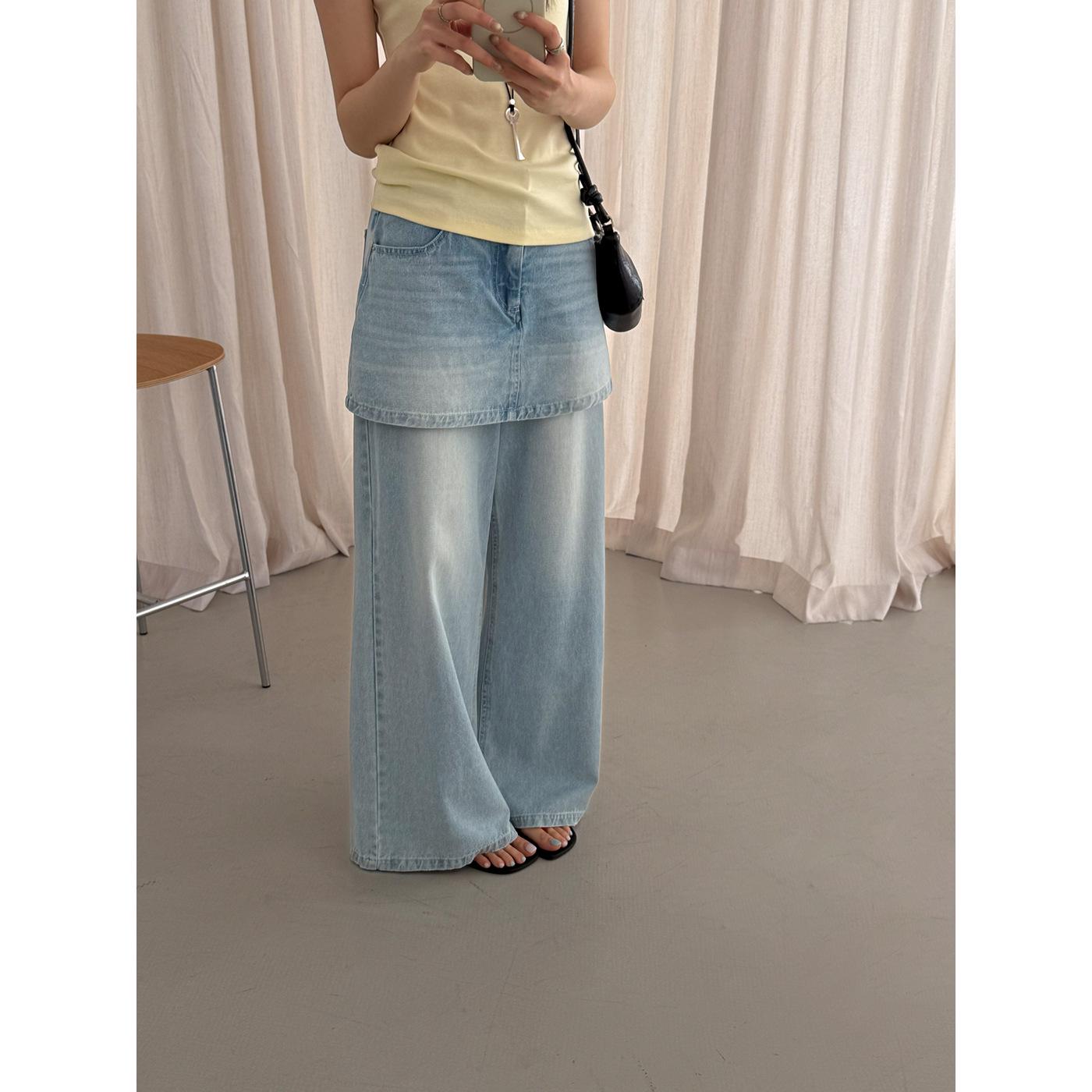 

Spring Arrival: Korean Vintage Denim Two-Piece Look Straight-Leg Slimming Jeans for Women Large