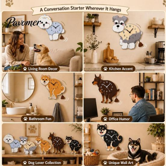 Easy Setup Wall Clock Pooping Dog Clock, Wooden with Swinging Pendulum, Silent Non Ticking Pet Lover for Living Room Home Office, Gift