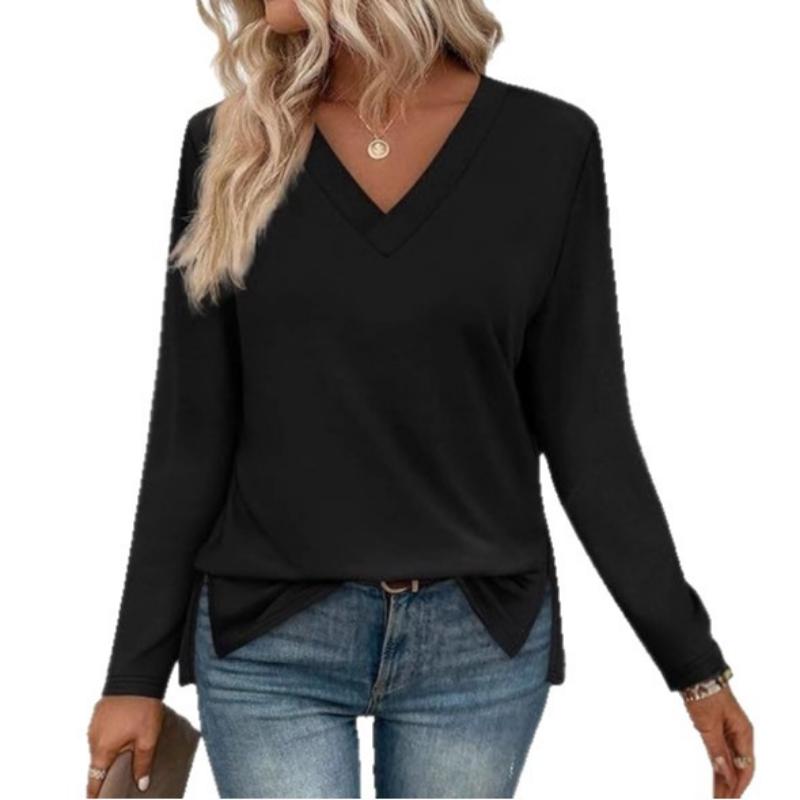 Spring and Autumn Women's Clothes European and American Slit V-neck Long Sleeve T-shirt Fashion Leopard Print Loose Top