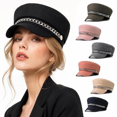 Casquette Newsboy à Décoration Chaîne Strassée Tissu Sergé Vintage Casquette Plate Casquette Baker Boy Pour Femmes
