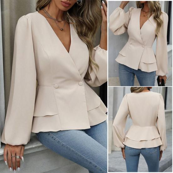 Women Tops V Neck Long Sleeve Slimming Blouse Waist Tight Ruffle Trim Hem Solid Color Shirt Tops Daily Wear