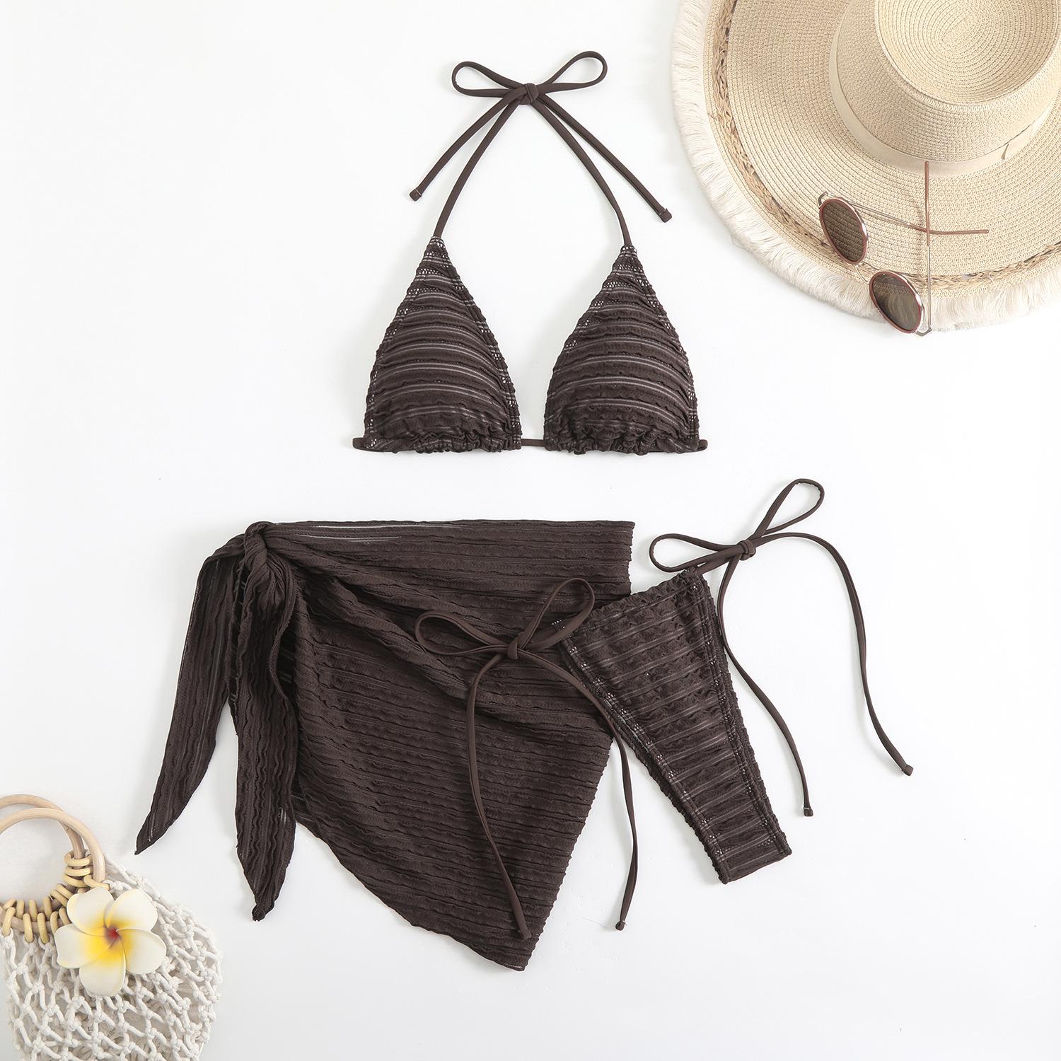 

Стильный однотонный пляжный купальник-тройка для женщин 2025 коричневый