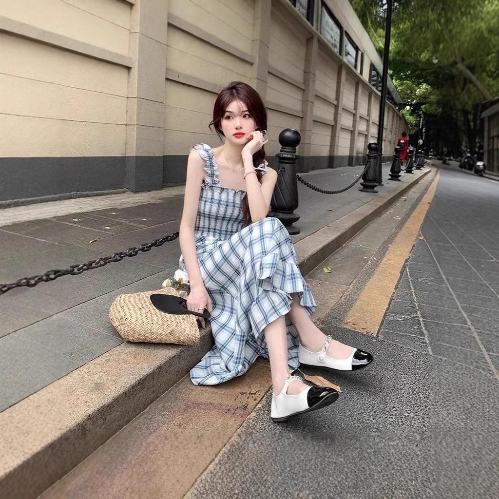 Women's Retro Plaid Sleeveless Summer Midi Dress with Slim Waist