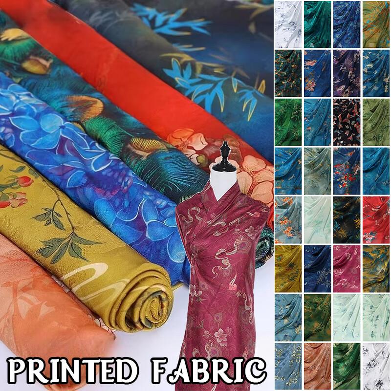 Chinese Landscape Painting Fabric Silk Stretch Satin Cloth for Cheongsam Hanfu DIY Sewing Craft Dress Stage Clothing Supplies