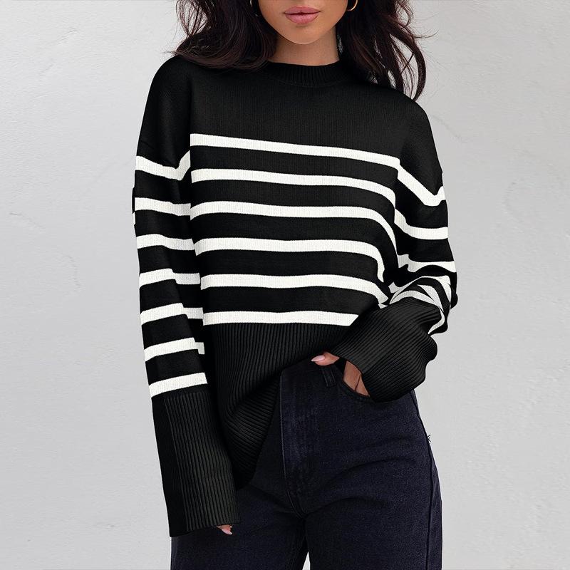 

Женский осенне-зимний повседневный полосатый свитер с длинными рукавами и круглым вырезом в рубчик, вязаный пуловер с боковыми разрезами S чёрный