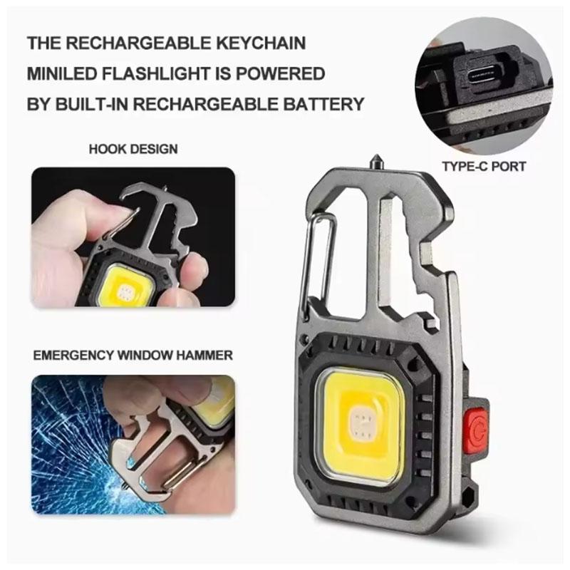 Mini Rechargeable Keychain Flashlight with COB LED Multifunctional Work Light, Bottle Opener, Window Breaker for Outdoor, Emergency, Camping