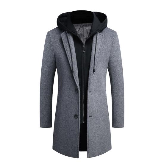 Men Winter Overcoat Fake Two Piece Wool Long Sleeves Mid Length Zipper Warm Formal Plus Size Detachable Hat Winter Coat for Daily Wear