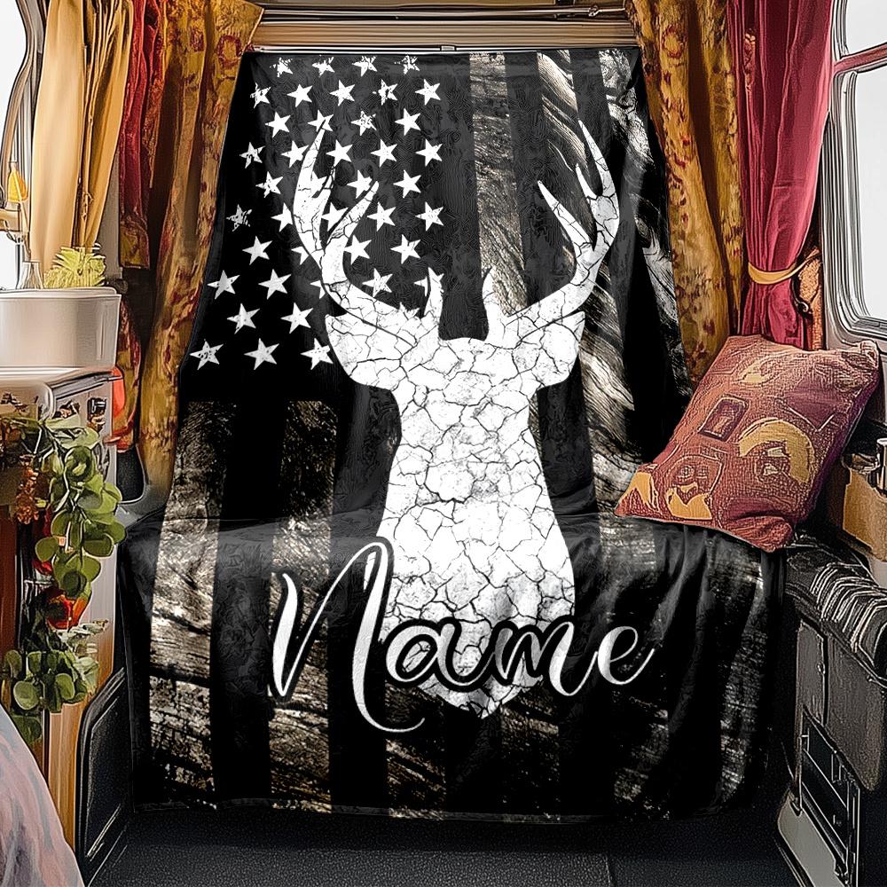Deer Skull With American Flag And Camouflage Background Blanketcustomize Your Name Lightweight Comfortable And Stylish Blanket For Travel Bed Home