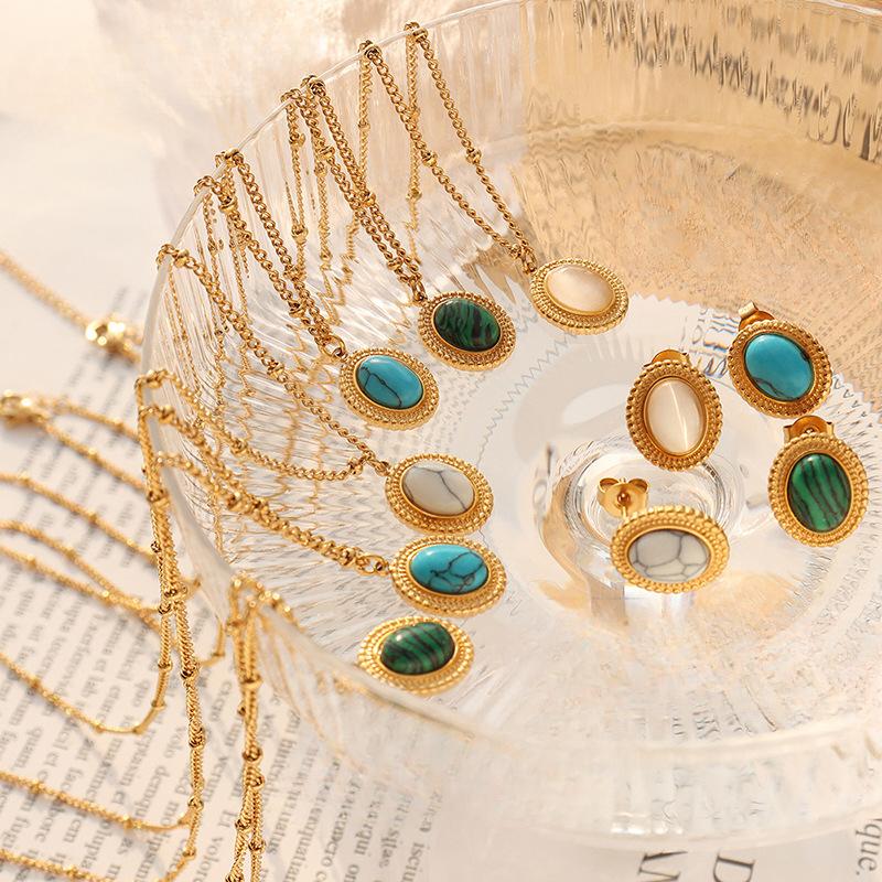 Französische böhmische Persönlichkeit Mode Retro Damen Oval Türkis Opal Intarsien Halskette Ohrringe Schmuck Set