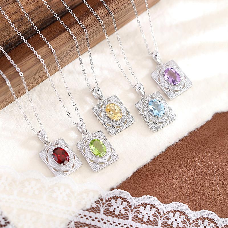 S925 Pure Silver Inlaid with Natural Topaz, Yellow Crystal, Garnet, Colorful Treasure Necklace for Women, Simple Retro High-end Pendant