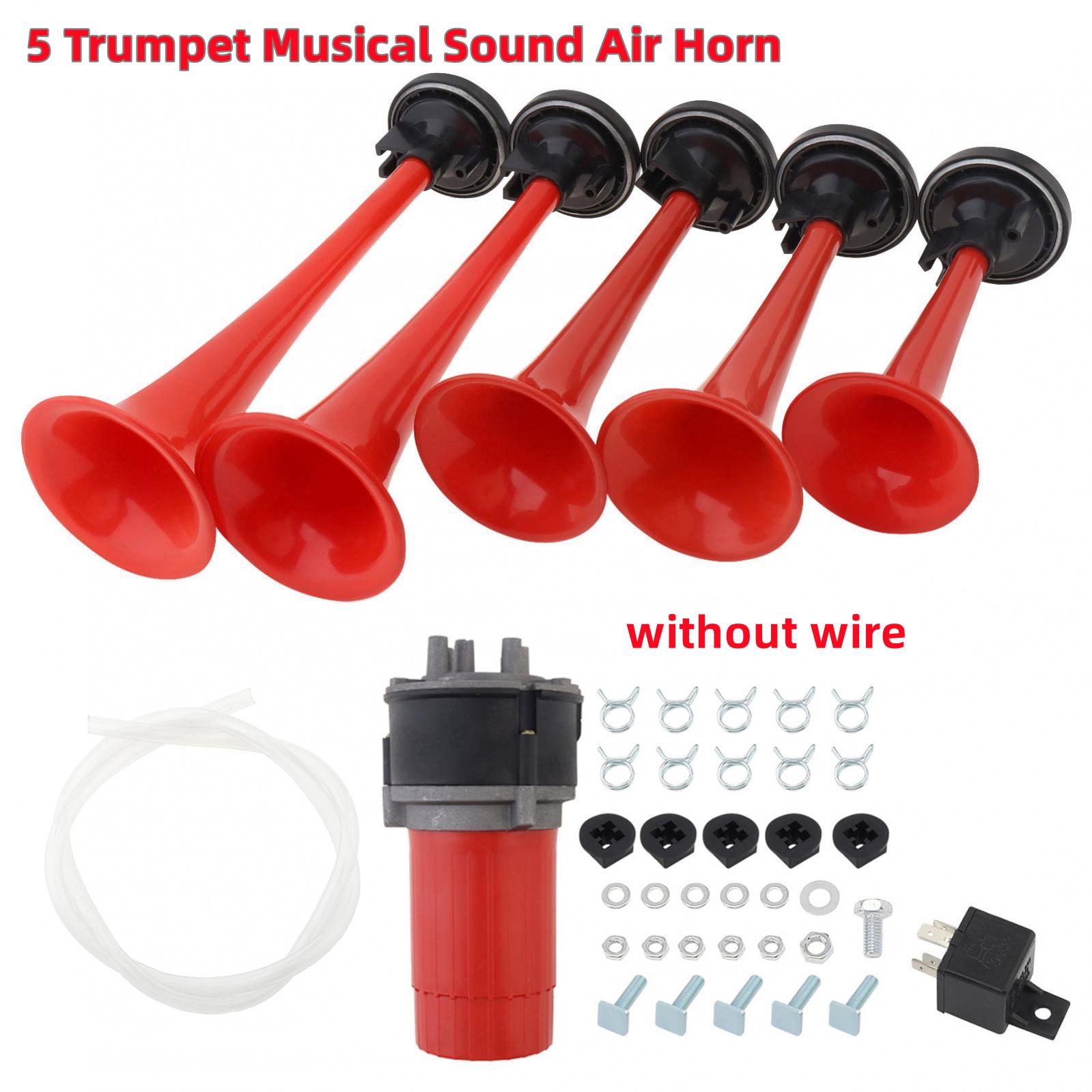 125dB Full Complete System 5 Trumpet Musical Sound Air Horns with Compressor, Wiring Harness, Button No Wiring
