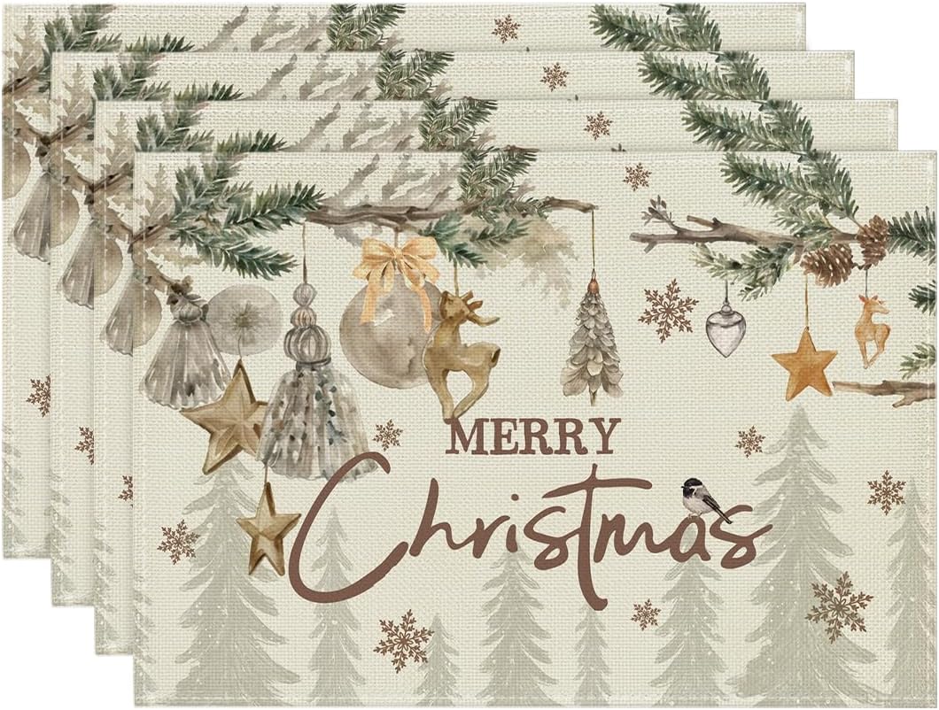 

Pine Branch Ornament Merry Christmas Placemats Set of 4, 12x18 Inch Winter Table Mats for Party Kitchen Dining Decor 4pcs