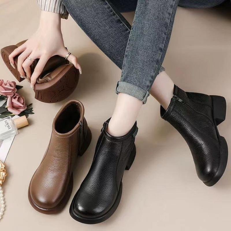 Autumn and Winter New Retro Handmade Women's Leather Boots Thick Heel Soft Sole First Layer Soft Leather Short Boots Literary and Simple Versatile Wo