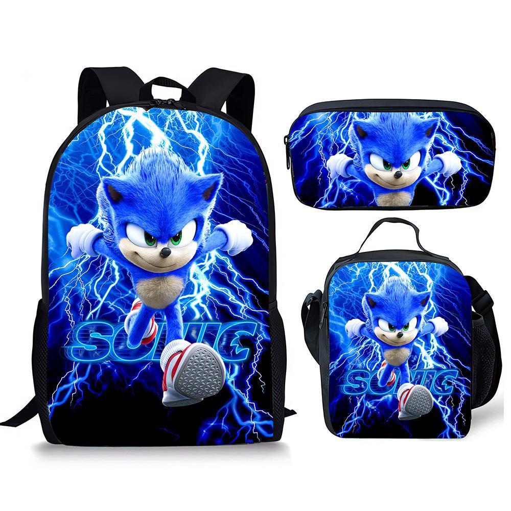 Sonic School Bag Pencil Bag Meal Bag Three-Piece Set Elementary School Cartoon School Bag Boys And Girls Backpack pencil case