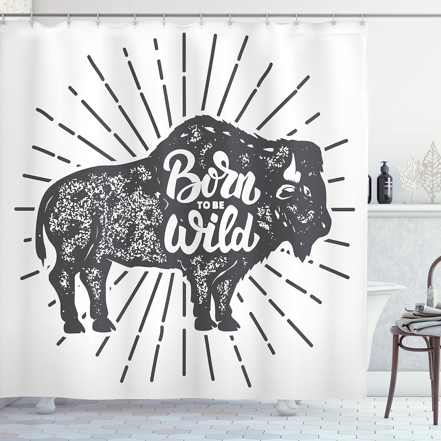 

Buffalo Shower Curtain Born To Be Wild Animal Art Wilderness Theme Black White Design Bath Decor Waterproof Fabric W60H190(CM)-1 Pcs