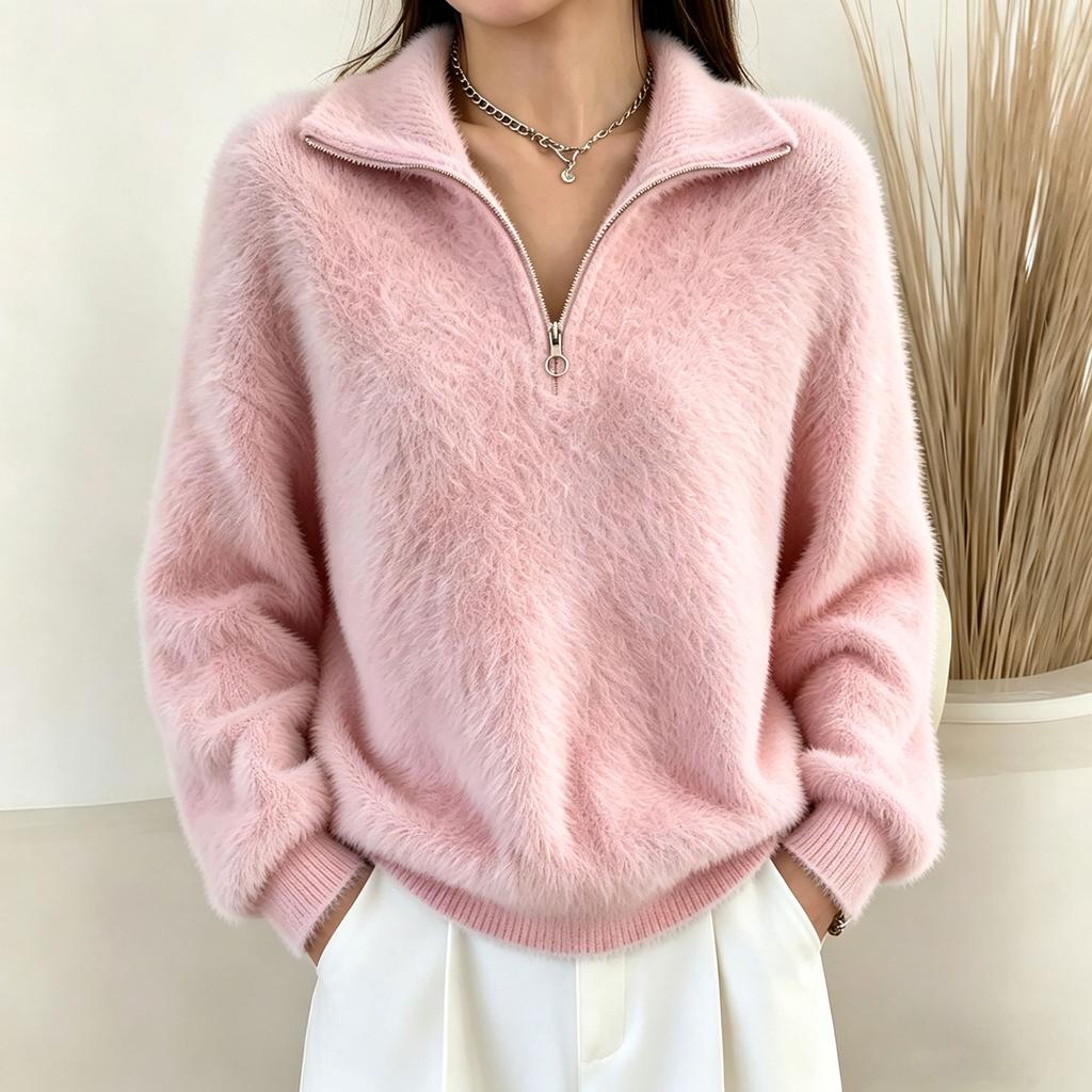 Damen Faux Pullover mit Rollkragen und Reißverschluss - Farblich gestricktes Oberteil für Freizeitkleidung